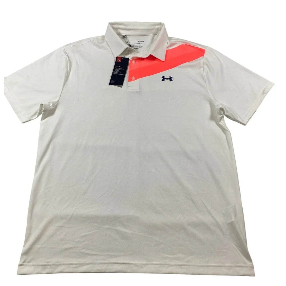 Under Armour Mens Playoff Polo Shirt White Neon Orange HeatGear Loose Fit Large‎